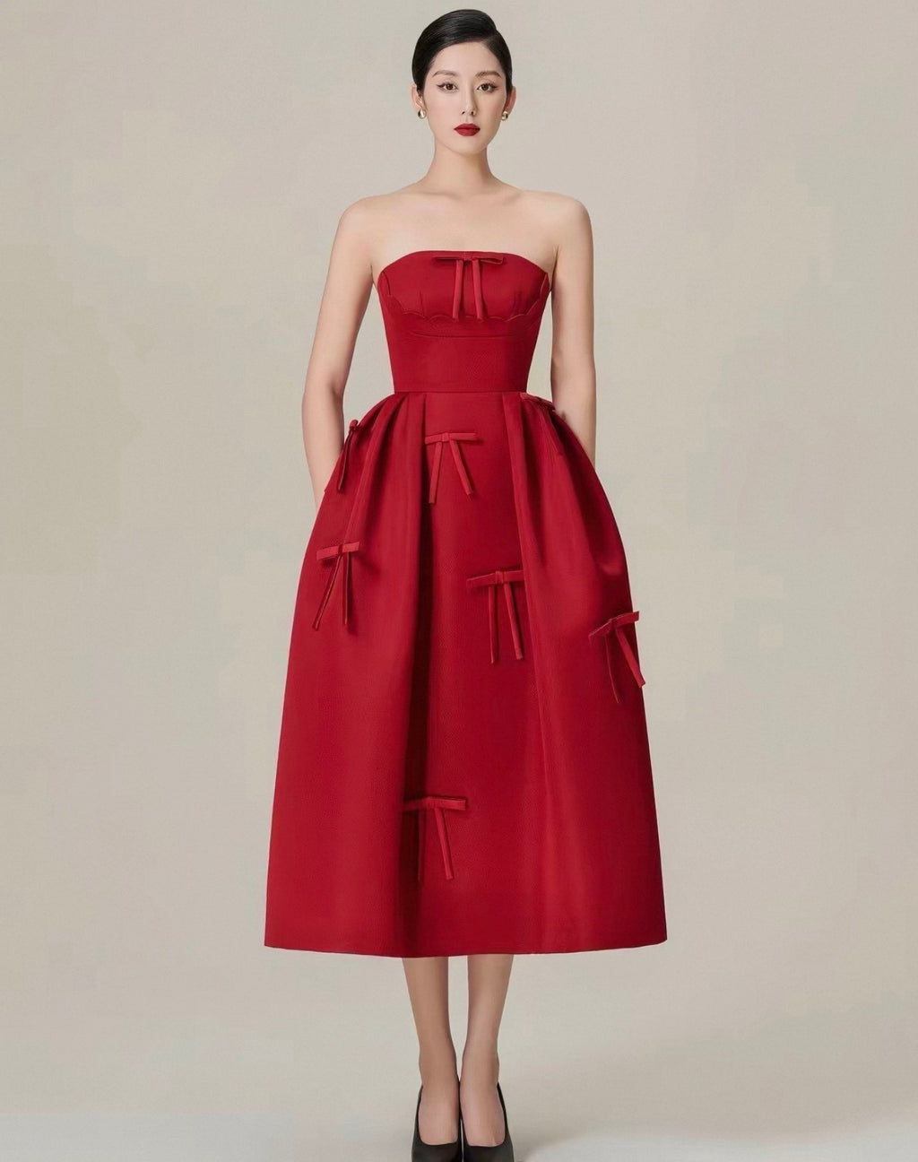 Red satin bow dress