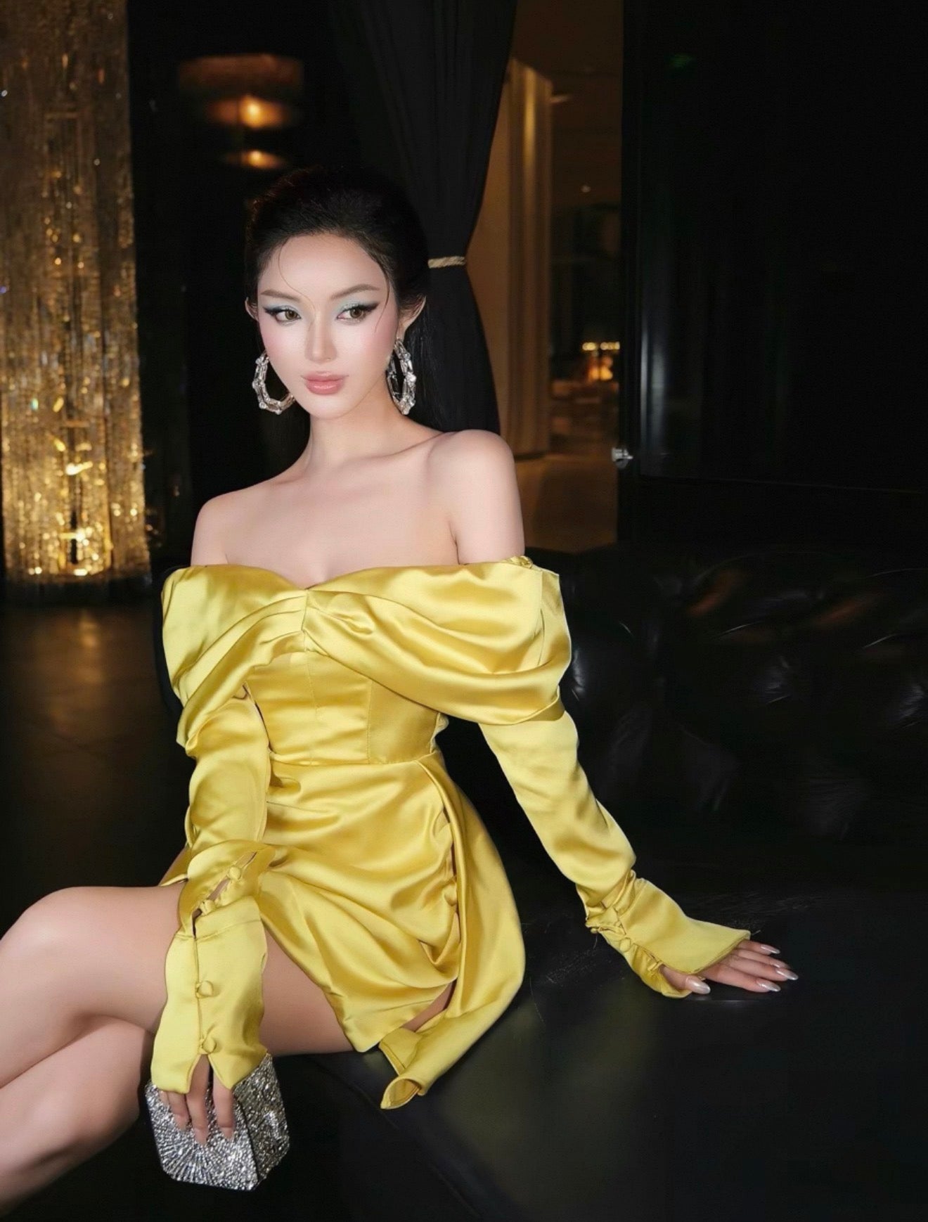 Short yellow satin dress