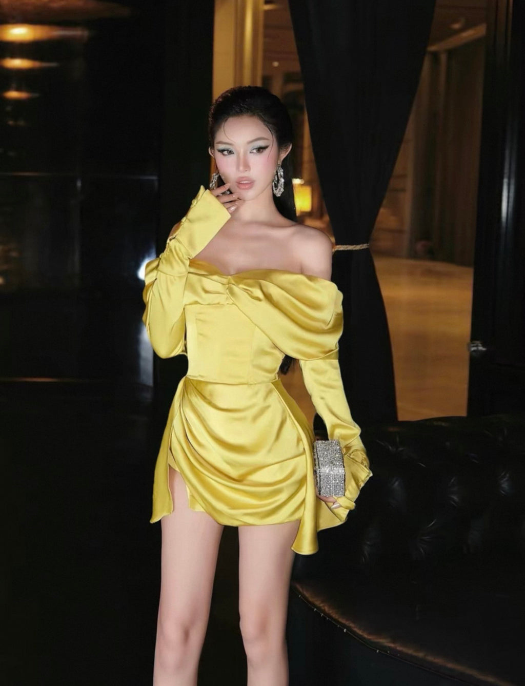Short yellow satin dress